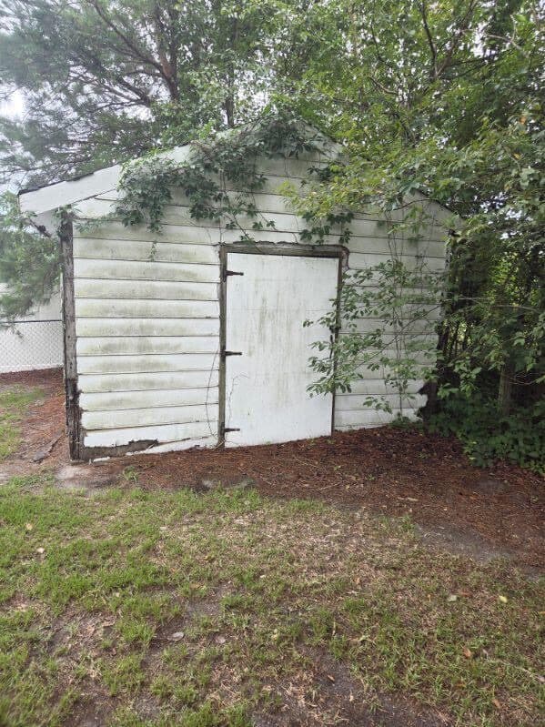 Overgrown backyard storage shed before Got Junk NC tore it down and hauled it away